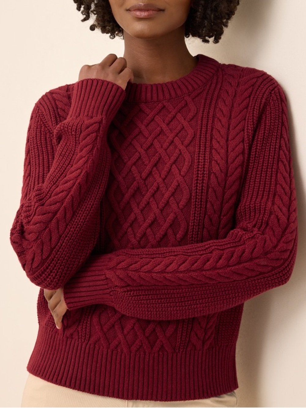 PACT  Organic Luxe Knit Cable Crew Cotton Sweater - Red - Small - New